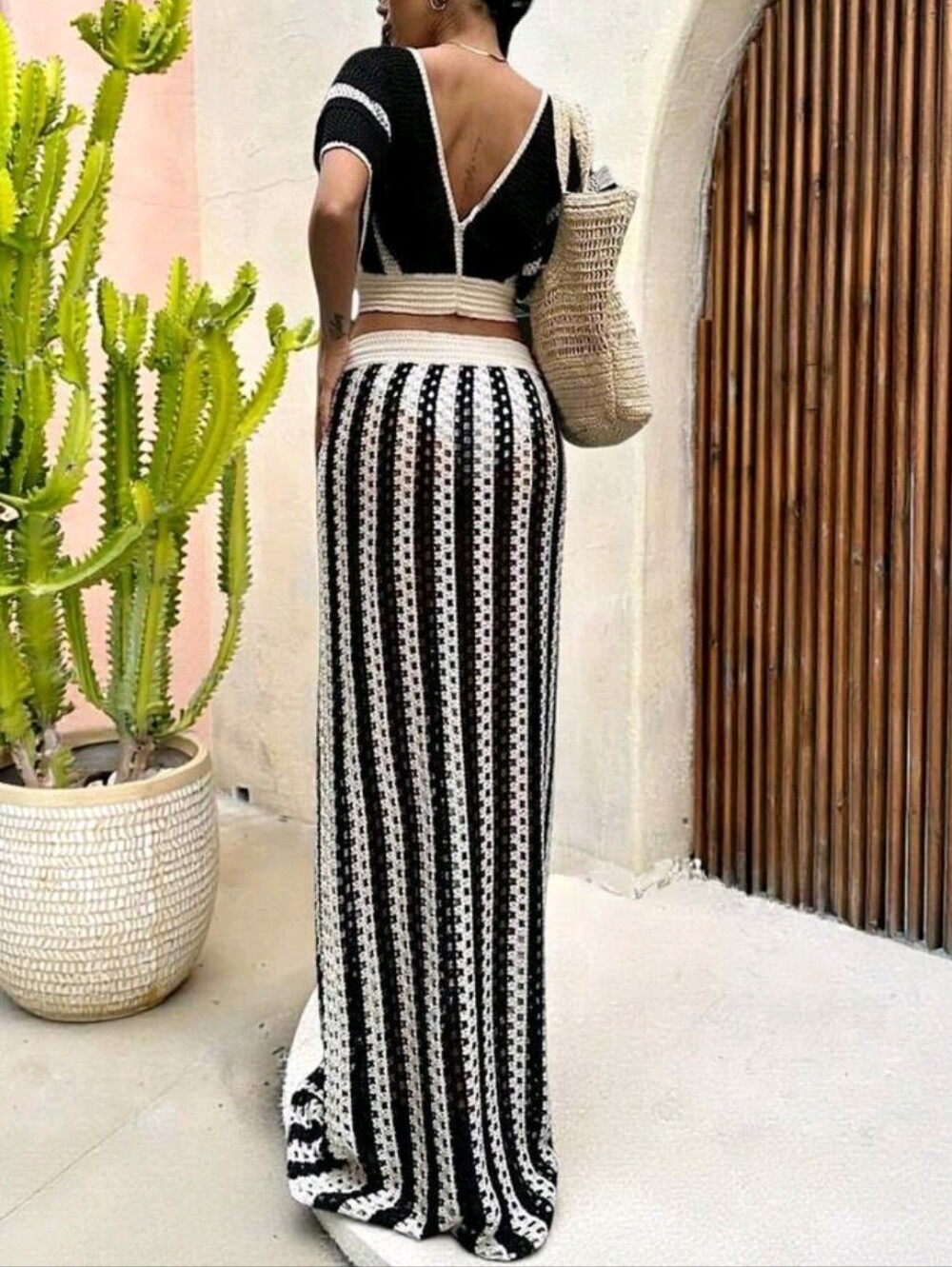 Black & Cream Crochet Maxi Skirt SET  - Women's Beach-Ready Style - Picture 3 of 4